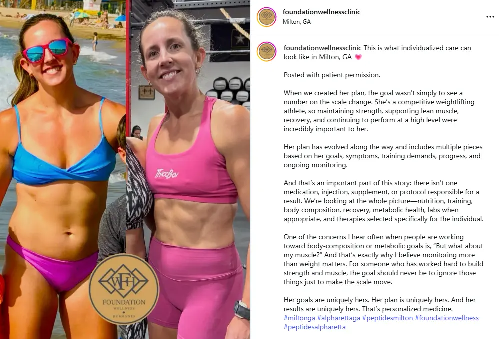 A competitive weightlifter shares a progress photo in a Foundation Wellness social post